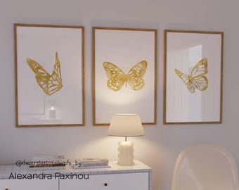 Minimalist wall art set of 3 piece, Gold butterfly decor, Butterfly printable art, Abstract minimalist triptych art,  Digital download