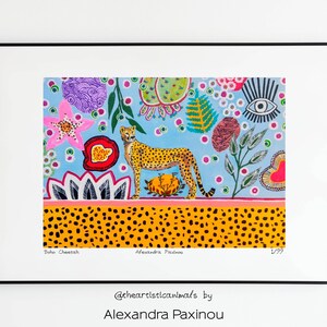 Cheetah art print of original painting, unframed, the picture shows how the print looks framed, size A3