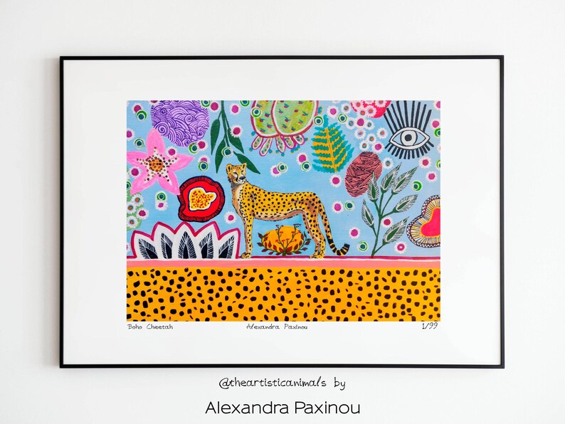 Cheetah art print of original painting, unframed, the picture shows how the print looks framed, size A3