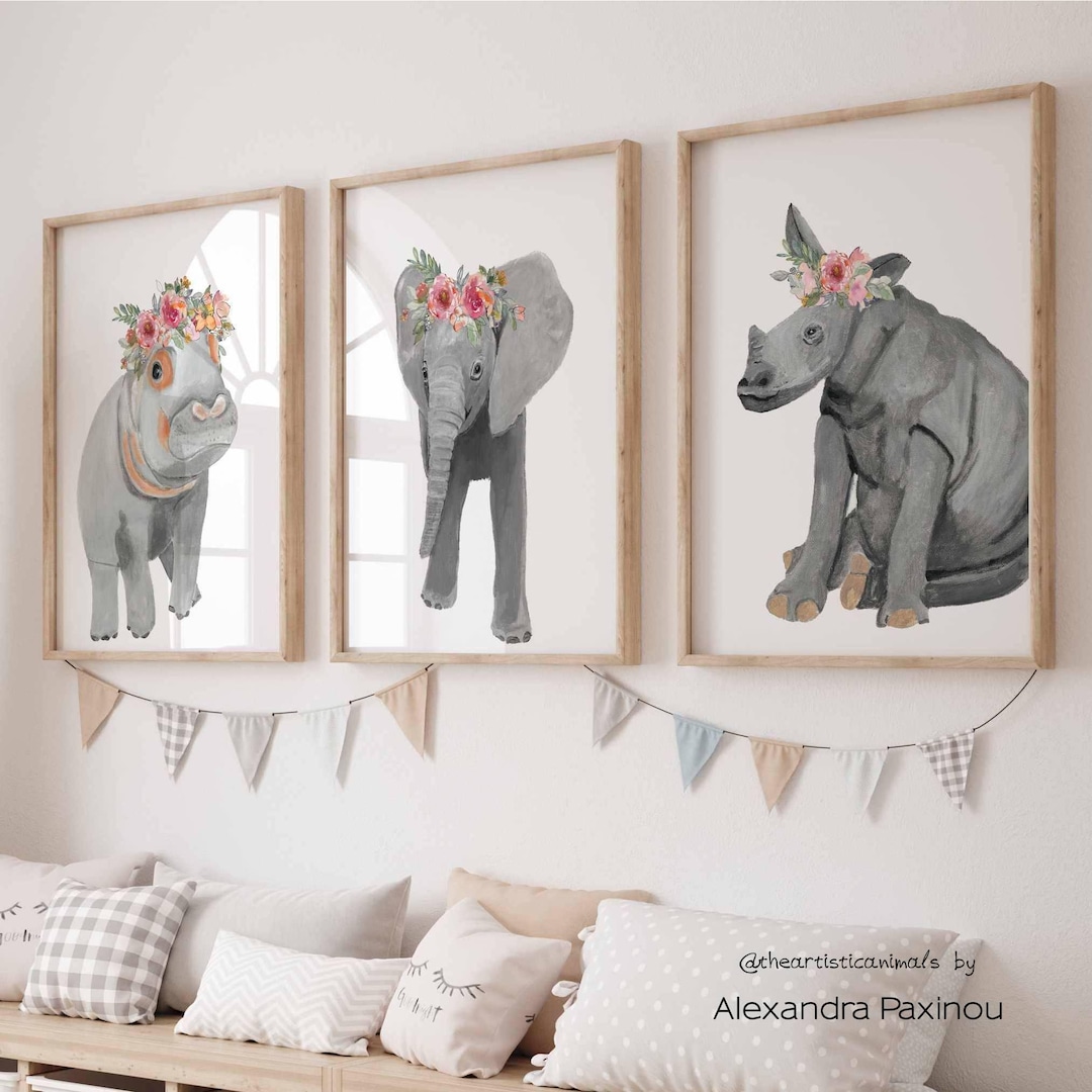 Safari Animal Nursery Prints, Flower Crown Elephant, Hippo, Rhino, Set ...