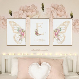 Butterfly print set of 3, Blush pink wall art, Floral nursery art, Baby name sign, Butterfly and flowers nursery decor, Digital download image 2