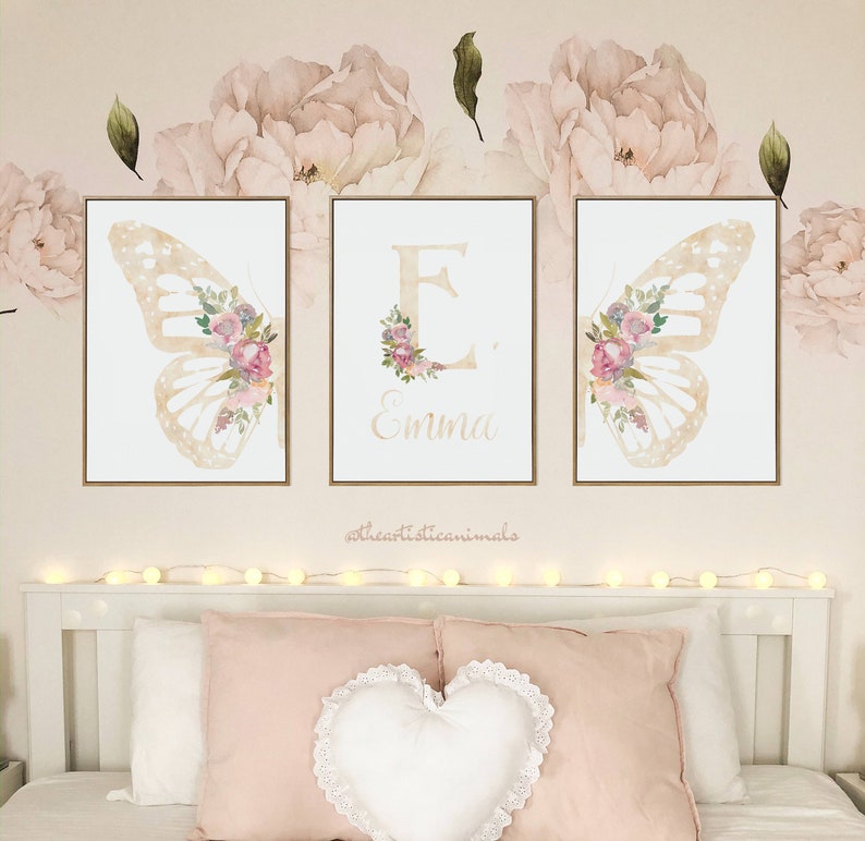 Butterfly print set of 3, Blush pink wall art, Floral nursery art, Baby name sign, Butterfly and flowers nursery decor, Digital download image 2