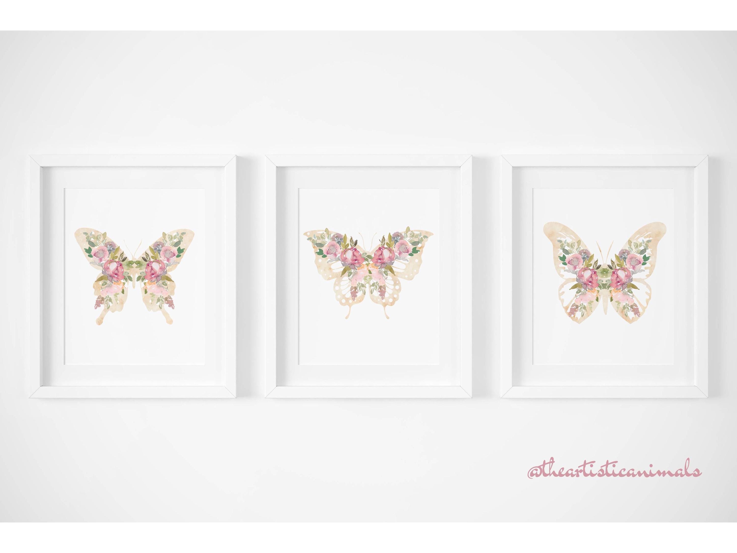 Blush Pink Butterfly Wall Art Print Set, Floral Nursery Decor, Digital ...