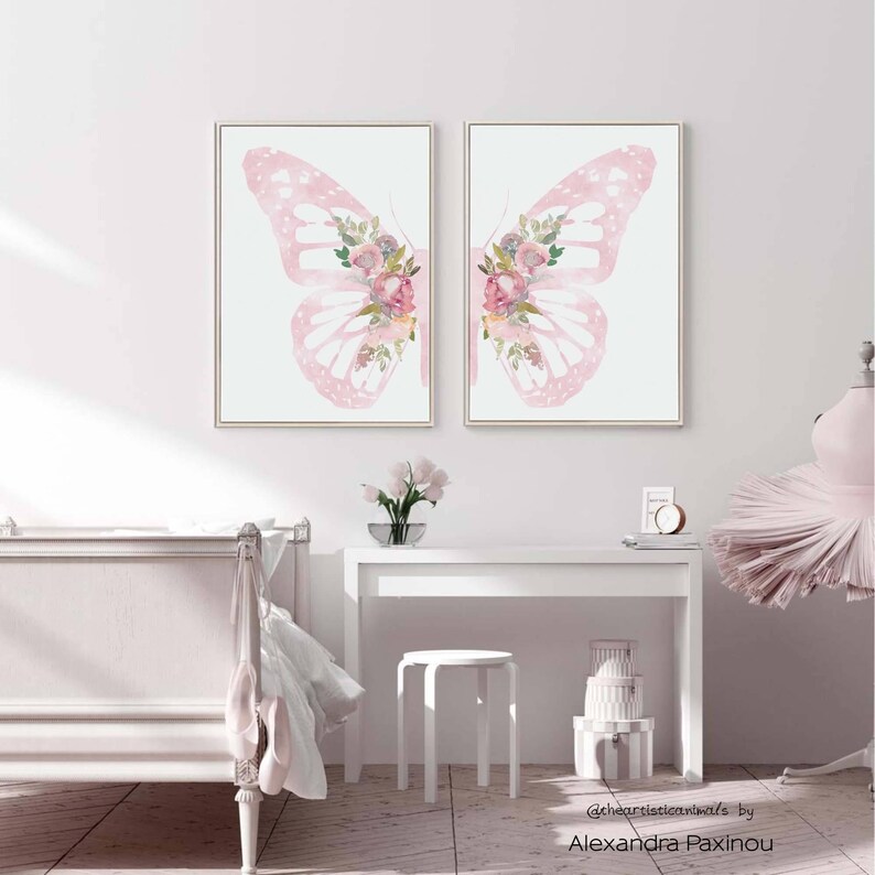 light pink butteflly wings with flowers print set of 2, printed and mailed, unframed. the picture shows how the diptych looks framed in a toddler girl room over the bed, displayed size A2
