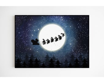 Santa claus with sleigh and reindeer print, Christmas wall art, Printable art, Christmas print for kids, Nursery decor, Digital download