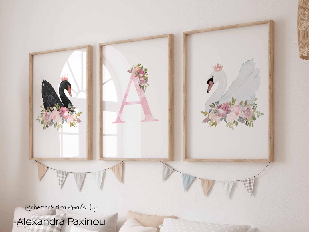 Personalized Swan Nursery Art Prints, Custom Floral Initial, Baby Girl ...