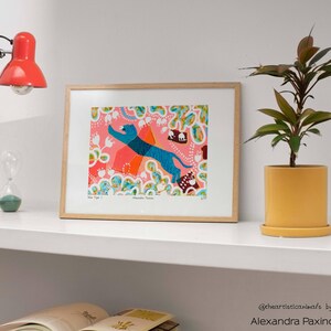 Limited edition art print of my original Blue Tiger I. acrylic painting. The Tiger is surrounded by minoan inspired abstract forms, shapes and flowers. unframed, how it looks framed on a shelf