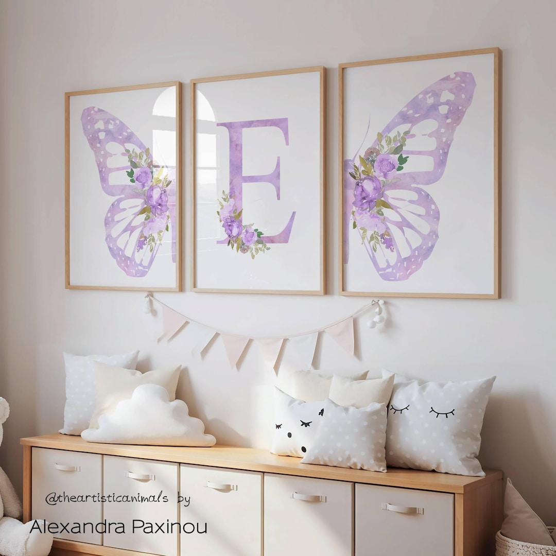 Butterfly Nursery Art Prints Set, Lavender Floral, Custom Baby Name ...