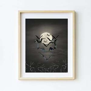 Arte de luna espeluznante, Impresión de murciélago negro, Decoración gótica del hogar, Arte de pared imprimible de Halloween, Imprimible espeluznante, Póster de arte oscuro, Descarga digital