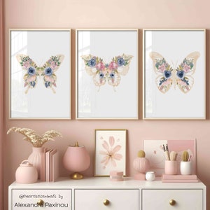 Blush pink and blue prints, Butterfly wall art set of 3, Floral nursery decor, Butterfly and flowers nursery wall decor, Digital download