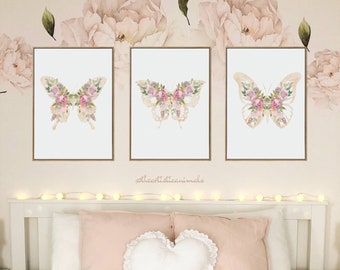 Blush pink wall art, Butterfly prints set of 3, Floral nursery decor, Butterfly and flowers nursery wall decor, Digital download