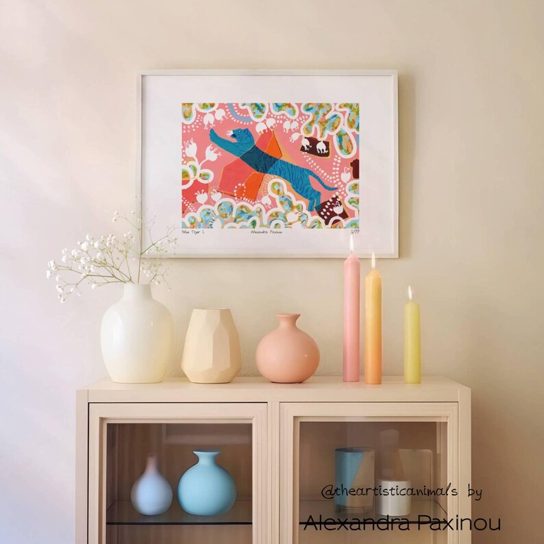 Limited edition art print of my original Blue Tiger I. acrylic painting. The Tiger is surrounded by minoan inspired abstract forms, shapes and flowers. unframed, how it looks once framed with other colorful decorative elements