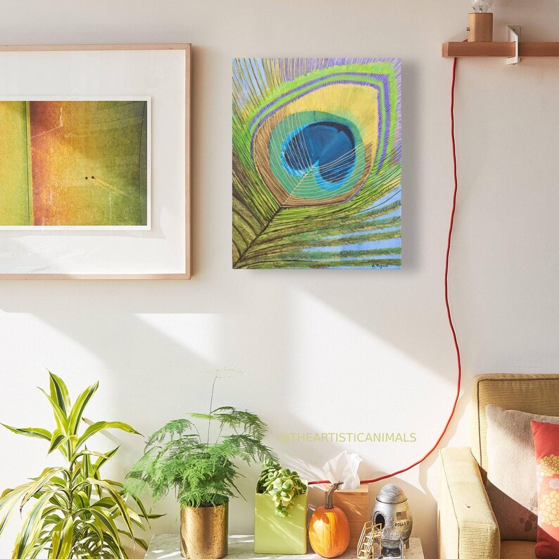 Green and blue peackock feather painting on stretched canvas, ready to be hang, size 16x20 inches (40x50 cm), the picture shows how the artwork looks on a wall in a living room