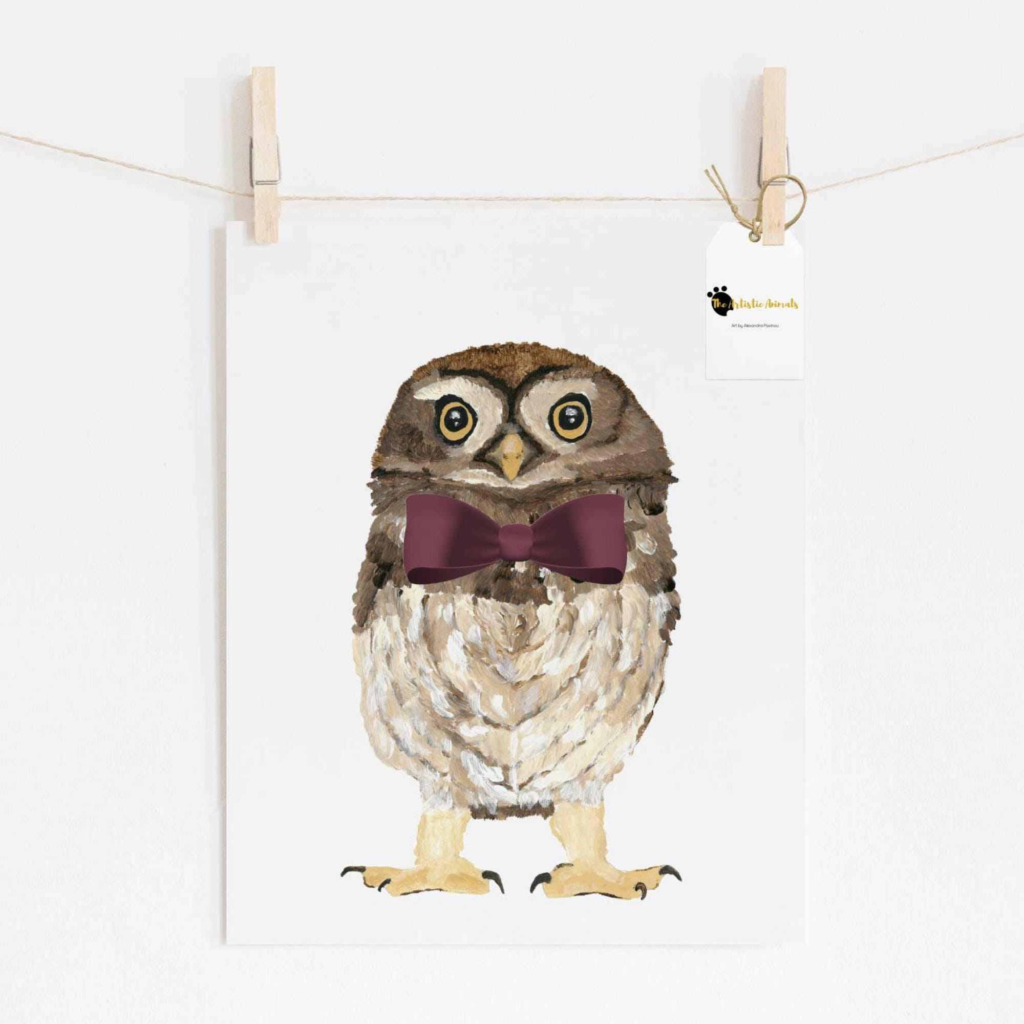 Baby Owl with Bow Tie Wall Art, Woodland Animal Nursery Print, Boy Room Decor