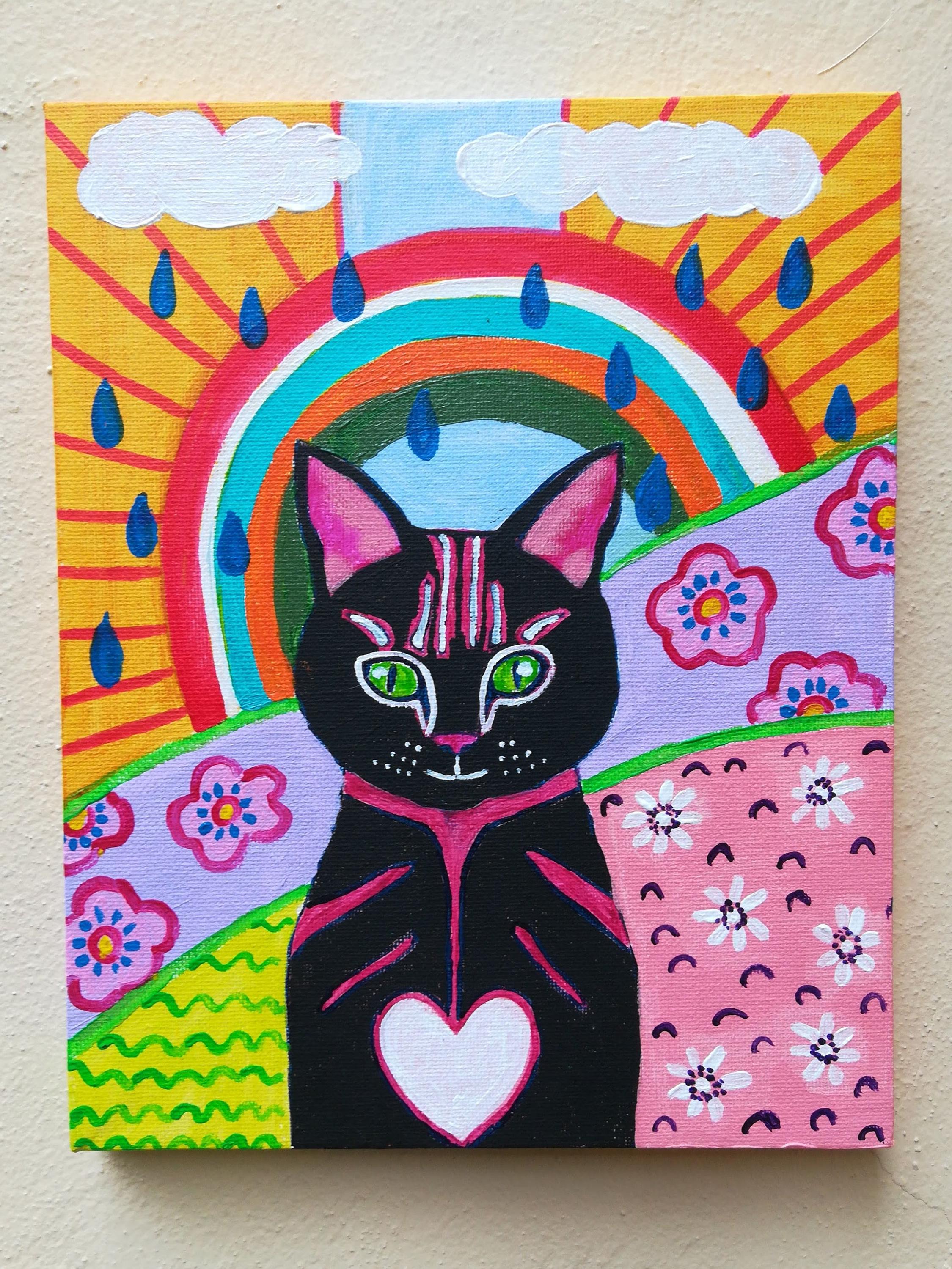 カラフルな猫と蝶の絵画 クリスタルアート 【公式通販】