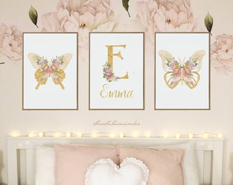 Pink and gold baby name wall art, Butterfly prints set of 3, Floral nursery decor, Butterfly and flower nursery wall decor, Digital download