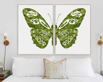 Butterfly print set of 2, Emerald green wall art, Abstract minimalist art, Green Butterfly wings wall decor, Digital download