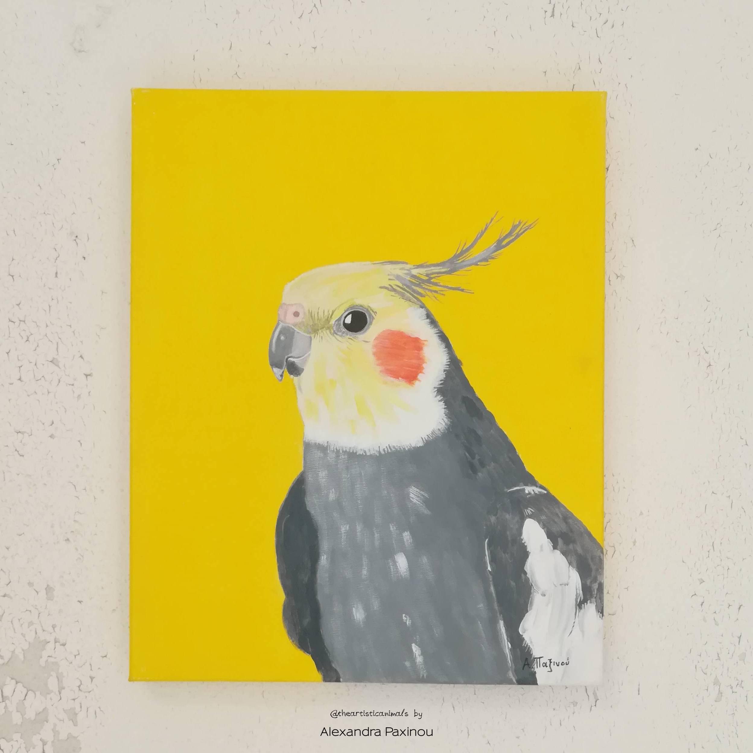 キャンバスに描かれたオカメインコの絵画、オリジナルのアクリル
