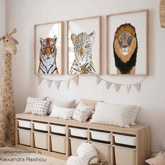Big Cat Art Prints Set, Lion, Tiger, Leopard, Safari Nursery Decor