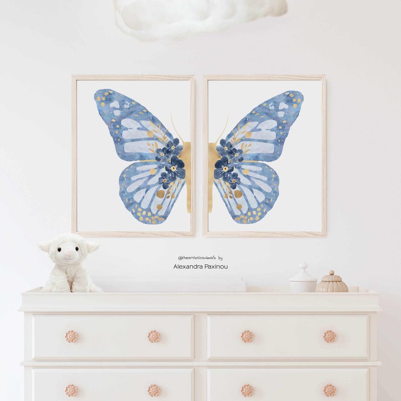 Blue Gold Butterfly Nursery Prints, Boho Floral Wall Art (set of 2) - Etsy