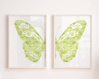 Butterfly print set of 2, Lime green wall art, Abstract minimalist split butterfly art, Green butterfly wings wall decor, Digital download