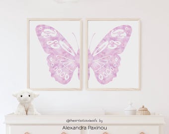 Purple Butterfly print set of 2 piece, Minimalist wall art printable, Butterfly wings nursery decor, Monochrome diptych, Digital download