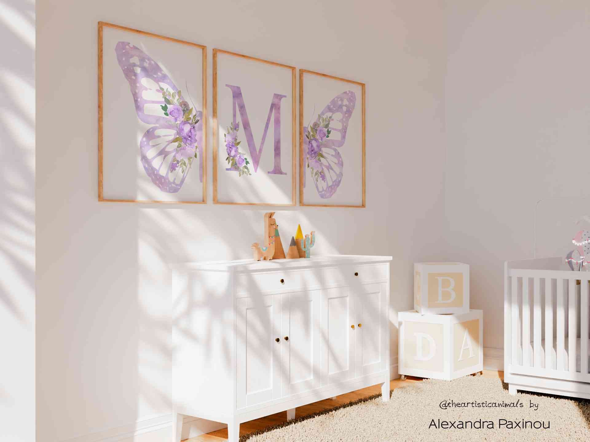 Butterfly Nursery Art Prints Set, Lavender Floral, Custom Baby Name ...