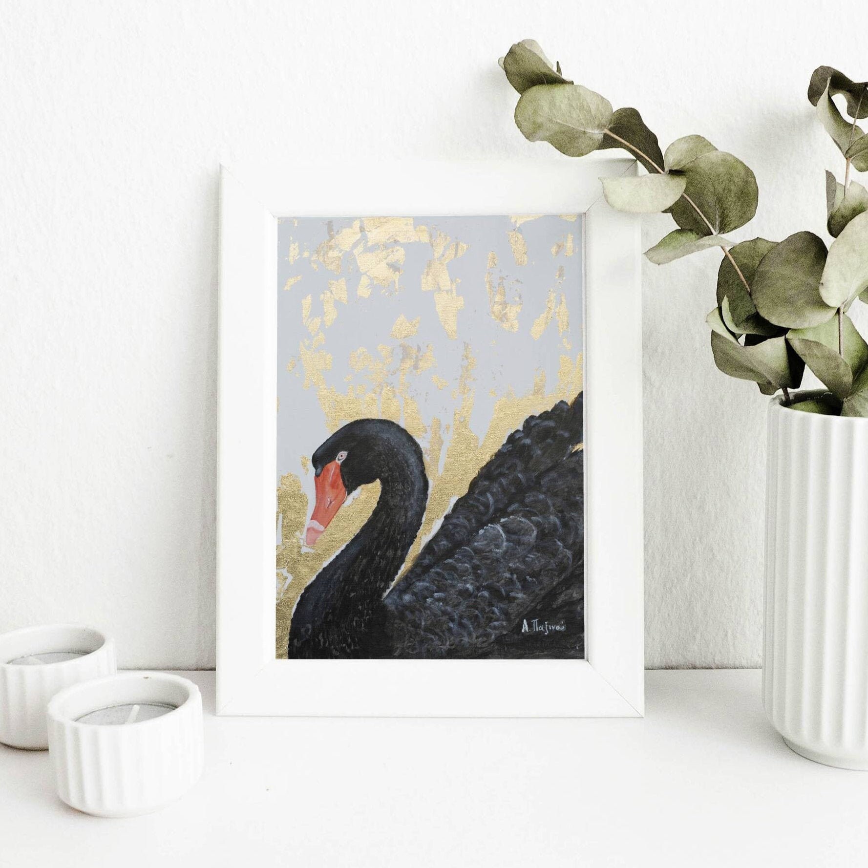 Black Swan Print of Original Painting, Modern Black and Gold Wall Art ...