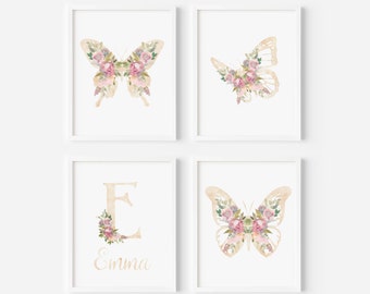 Set of 4 butterfly prints, Blush pink wall art, Floral nursery art, Baby name sign, Butterfly and flowers nursery decor, Digital download