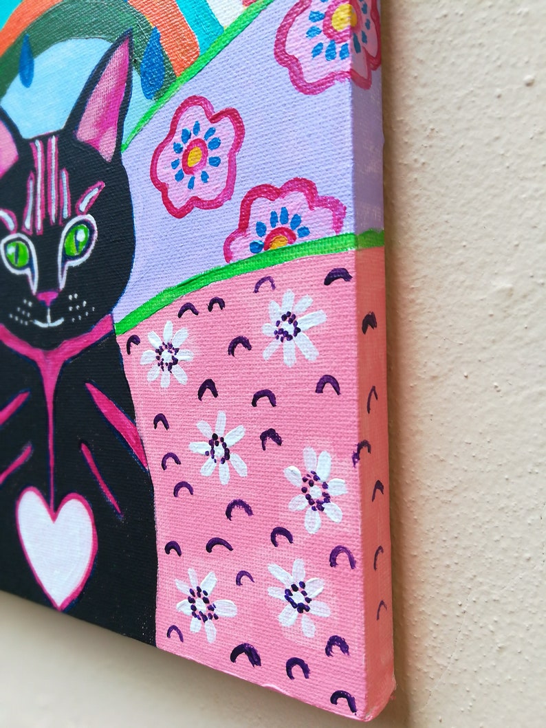 Folk Art Cat Tuxedo Cat Art Painting Cat and Rainbow Wall Etsy Hong Kong