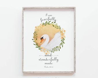 Swan Bible Verse Wall Art, Psalm 139:14, Christian Nursery Decor, Digital Download
