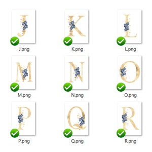 how the gold monograms with blue flowers look from J to R