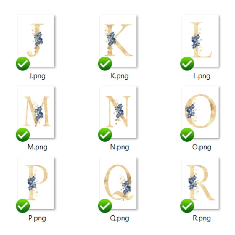 how the gold monograms with blue flowers look from J to R
