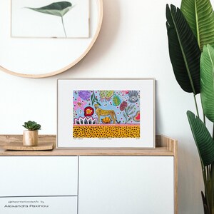 Cheetah art print of original painting, unframed, the picture shows how the print looks framed, size A3
