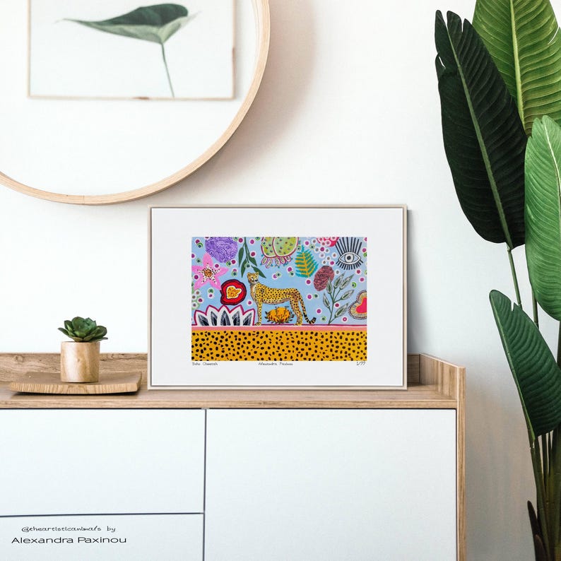 Cheetah art print of original painting, unframed, the picture shows how the print looks framed, size A3