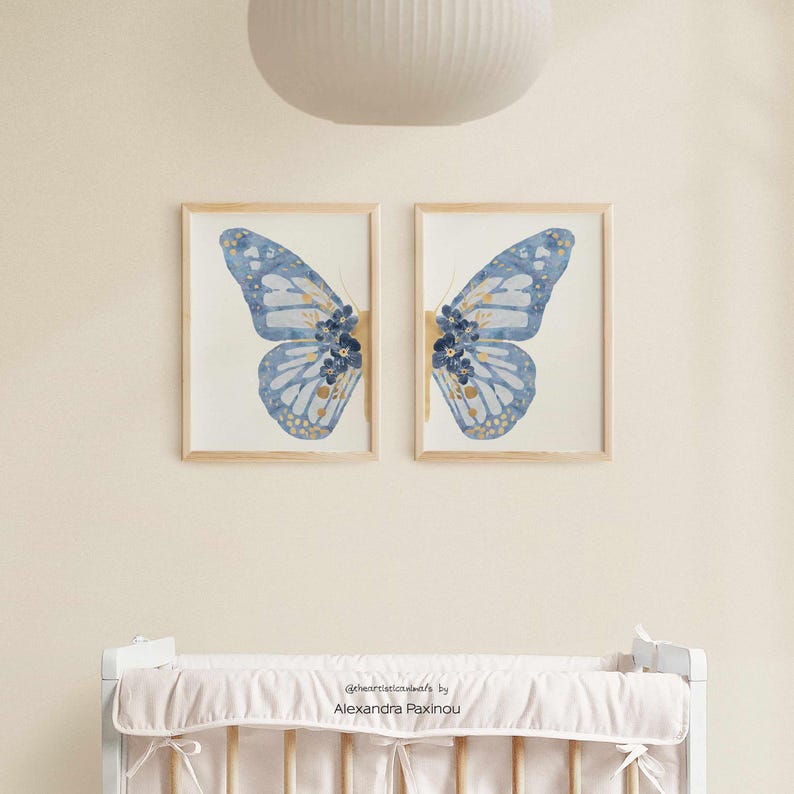 Blue Gold Butterfly Nursery Prints, Boho Floral Wall Art (set of 2) - Etsy
