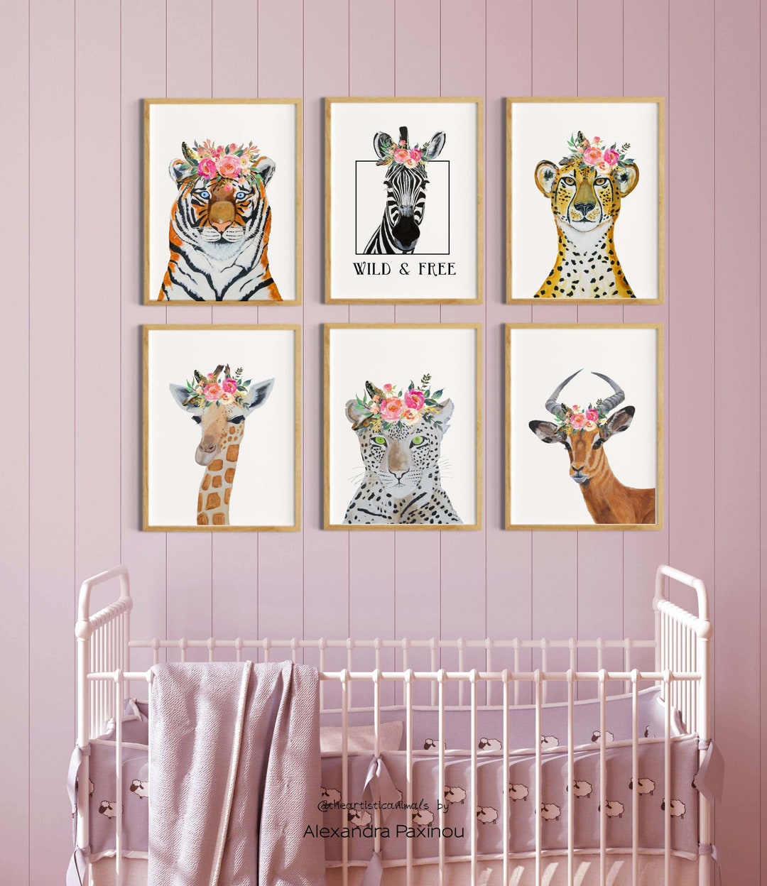 Pink Floral African Safari Animal Prints Set of 6, Jungle Nursery Decor ...