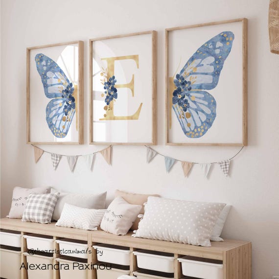 Personalized blue butterfly print set of 3, Blue gold wall art, Floral nursery art, Baby name sign, Butterfly and flowers nursery decor