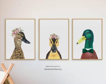 Impressions de chambre de bébé canard colvert, lot de 3, art animalier fantaisiste