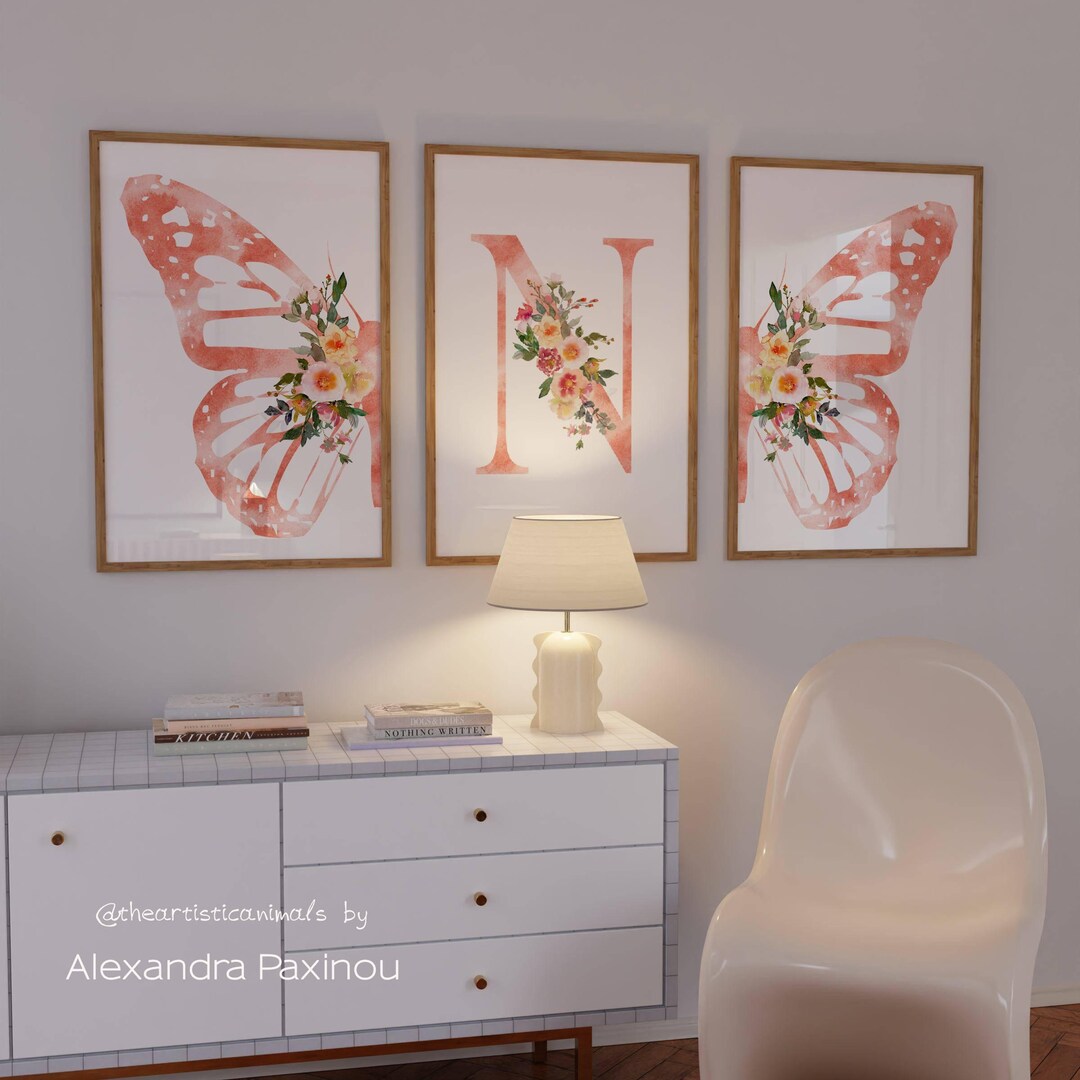 Personalized Butterfly Nursery Art Set, Coral Floral Monogram Prints - Etsy