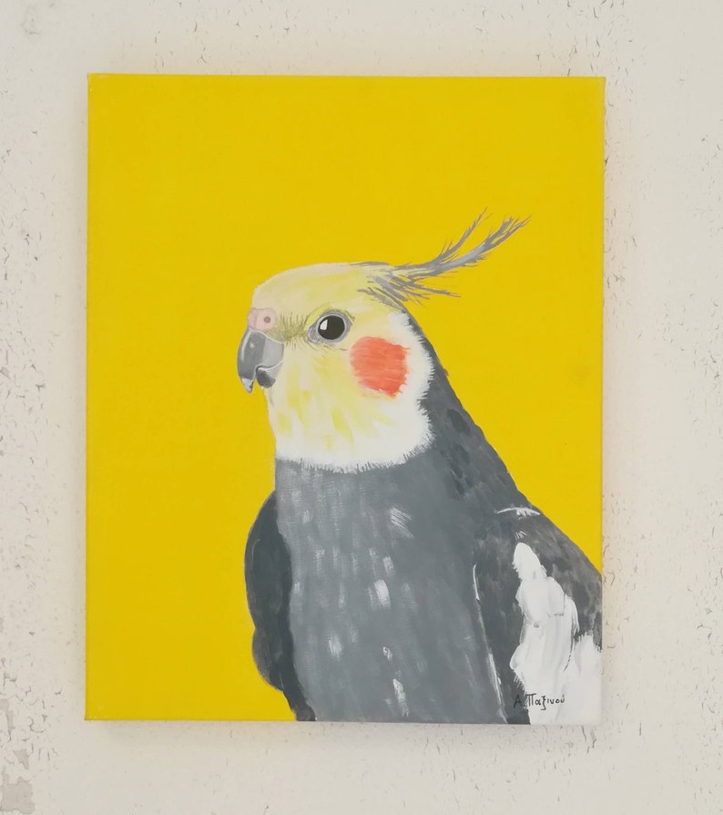 Cockatiel painting on canvas, Original acrylic artwork 16x20 inches, Tropical bird art, Yellow wall art image 1