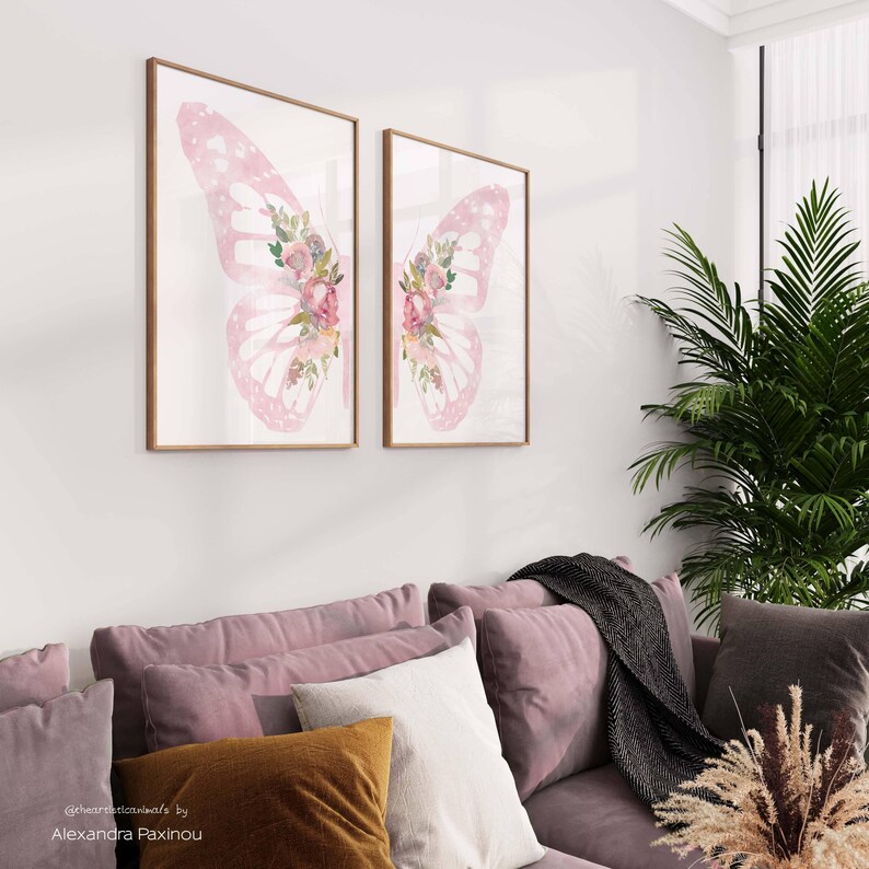 light pink butteflly wings with flowers print set of 2, printed and mailed, unframed. the picture shows how the diptych looks once framed in a living room over the sofa, displayed size 16x20 inches