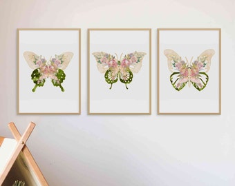 Green and pink wall art, Butterfly print set of 3, Floral nursery art, Butterfly and flowers nursery wall decor, Digital download