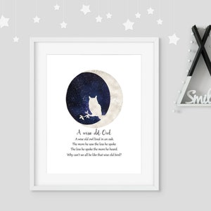 Owl Nursery Print, A Wise Old Owl, Poem Print, Childrens Room Wall Art ...