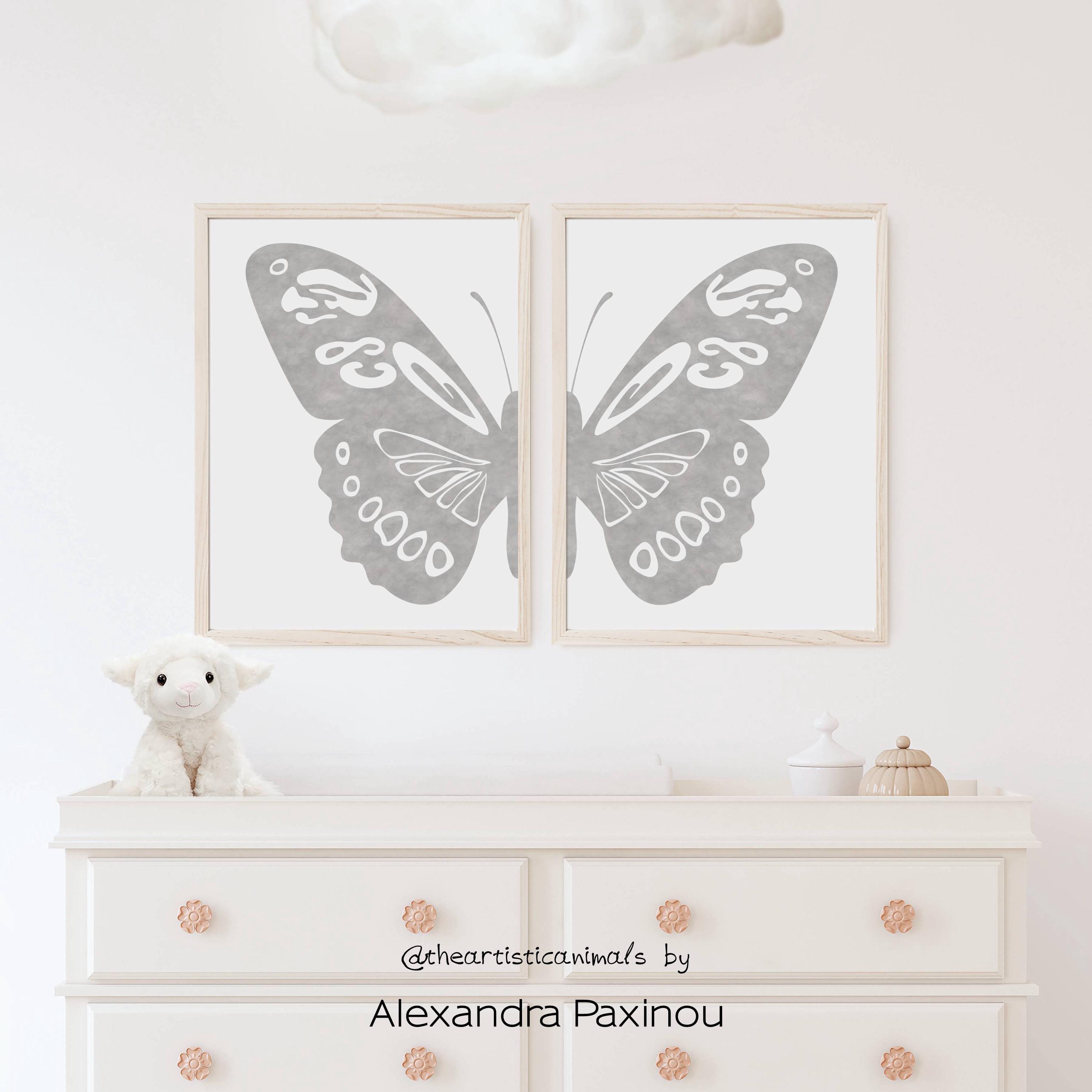Minimalist Butterfly art, Gray wall art print set of 2 for living room or bedroom, Butterfly nursery wings wall decor, Digital download