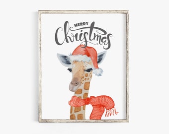 Giraffe christmas art, Merry christmas wall art, Christmas printables, Christmas nursery decor, Animals with Swanta hat, Digital download