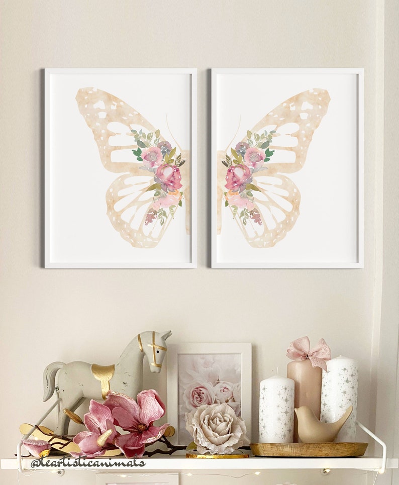 Schmetterlingsbild, Schmetterlingsprint, 2er Set Schmetterlinge, geblümtes rosa, Schmetterlings und Blumendekor, Schmetterlingsflügel Bild 6