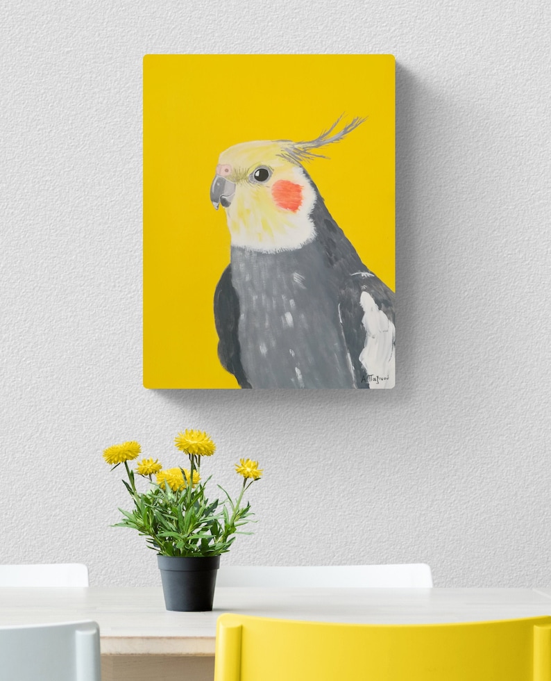 Cockatiel painting on canvas, Original acrylic artwork 16x20 inches, Tropical bird art, Yellow wall art image 10