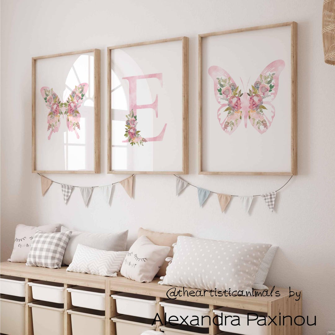 Personalized Butterfly Nursery Print Set, Light Pink Floral Wall Art - Etsy
