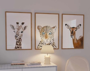 Giraffe, Leopard and Gazelle print set, Safari animal nursery decor, Childrens art prints, Neutral animal wall art, Above bed decor, Printed
